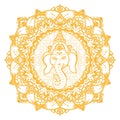 Vector illustration of a golden mandala. The head of the Hindu god Ganesha in a round golden frame.